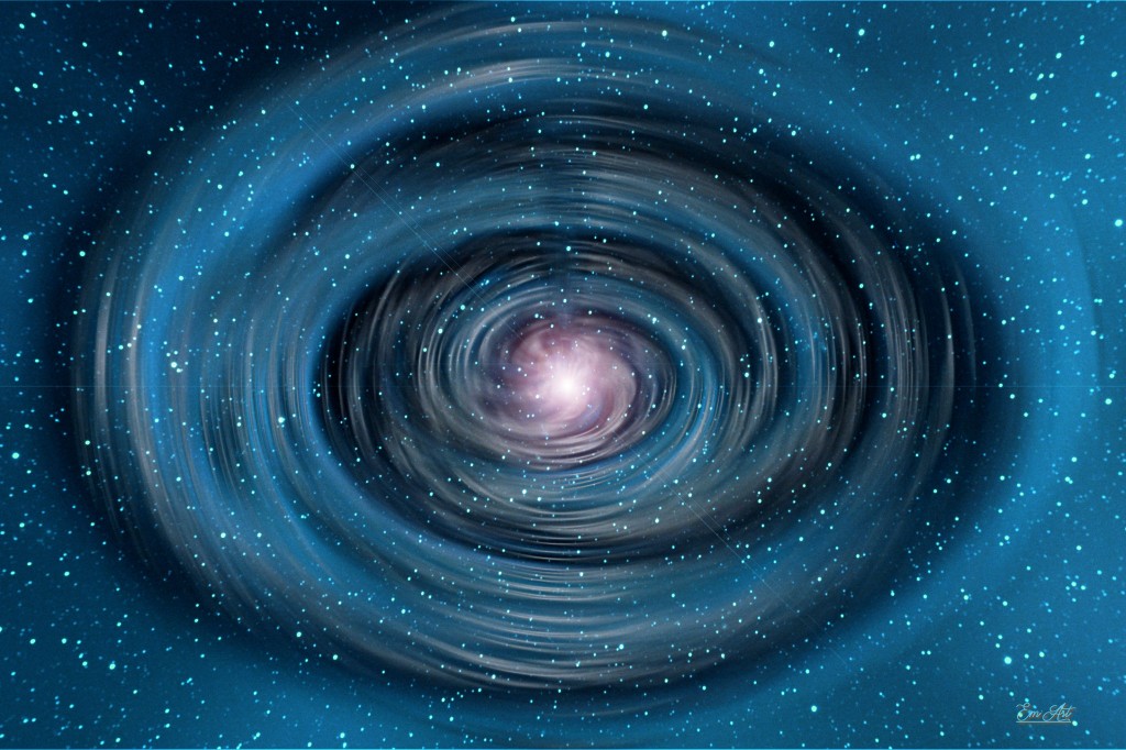 D'où vient l'eau, photographie composite surréaliste d'une formation galactique couleur bleu eau. Format 30 x 45 cm.